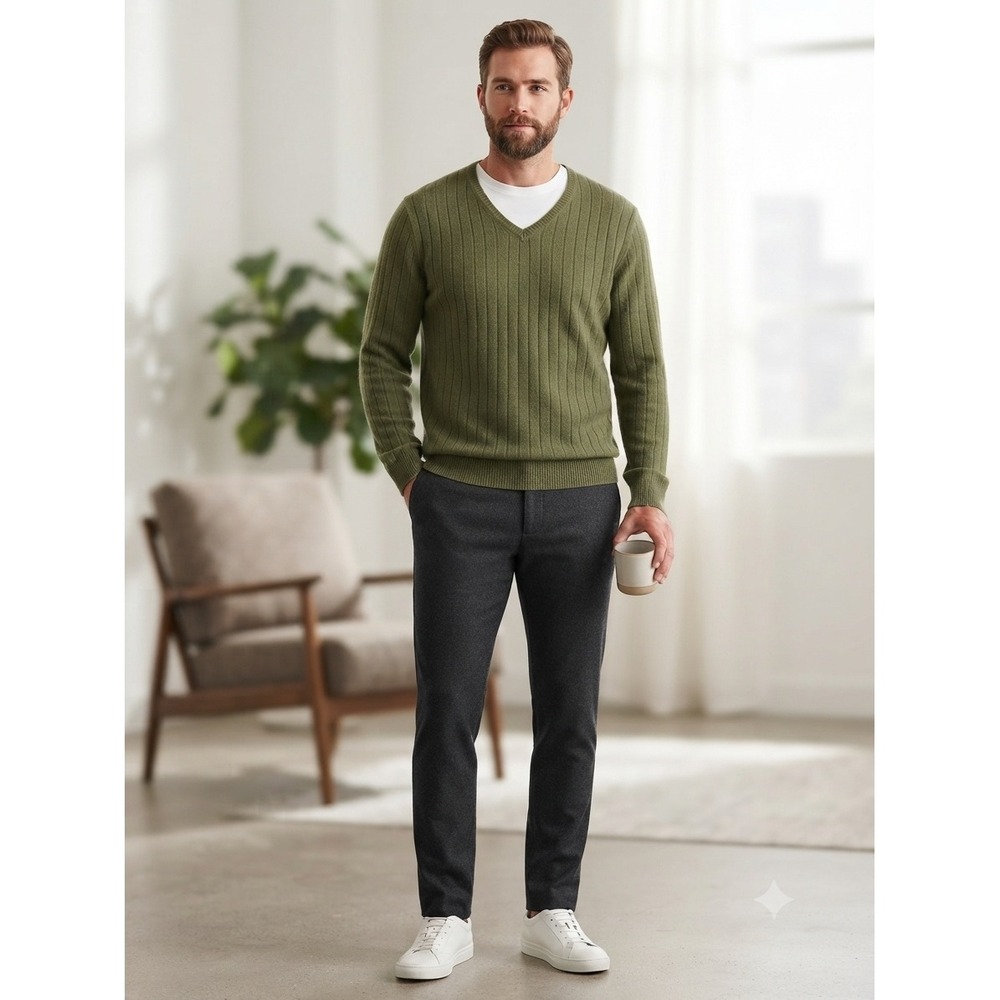 Geoffrey Beene Mens XXL Olive Green 100% Cashmere Ribbed V-Neck Sweater